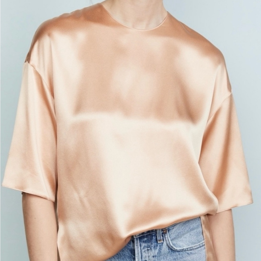 100% Silk Vince Satin Blouse in Soft Peach